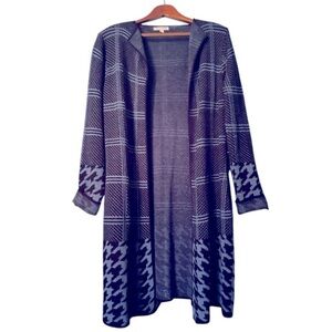 Notations Blue & Black Plaid Long Line Open Front Cardigan Size Large w/ Pockets